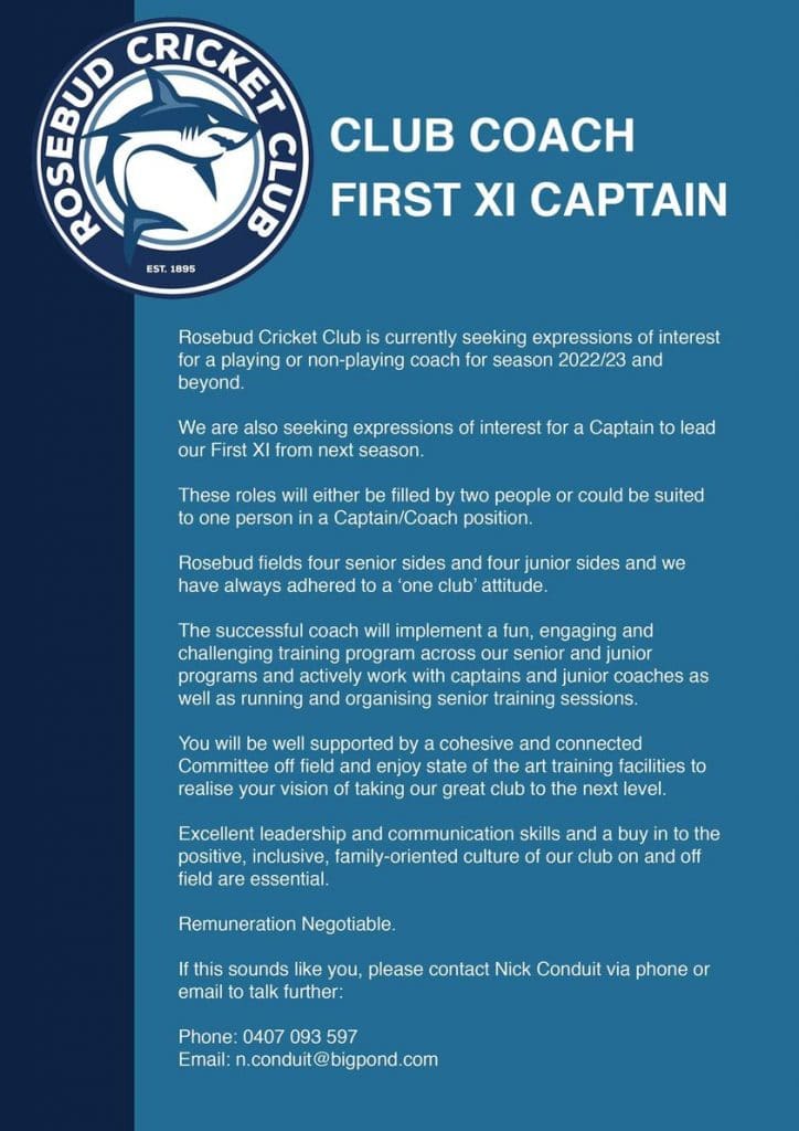 Rosebud Cricket Club – Coaching opportunity 2022/2023